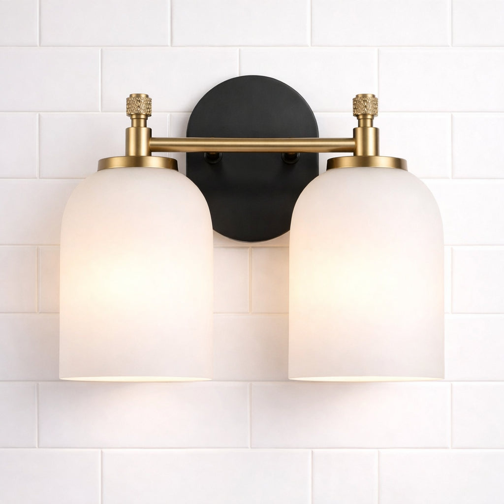 Traditional 2-Light Vanity Wall Sconce, White Frosted Glass, Black and Gold for Bathroom — detail view