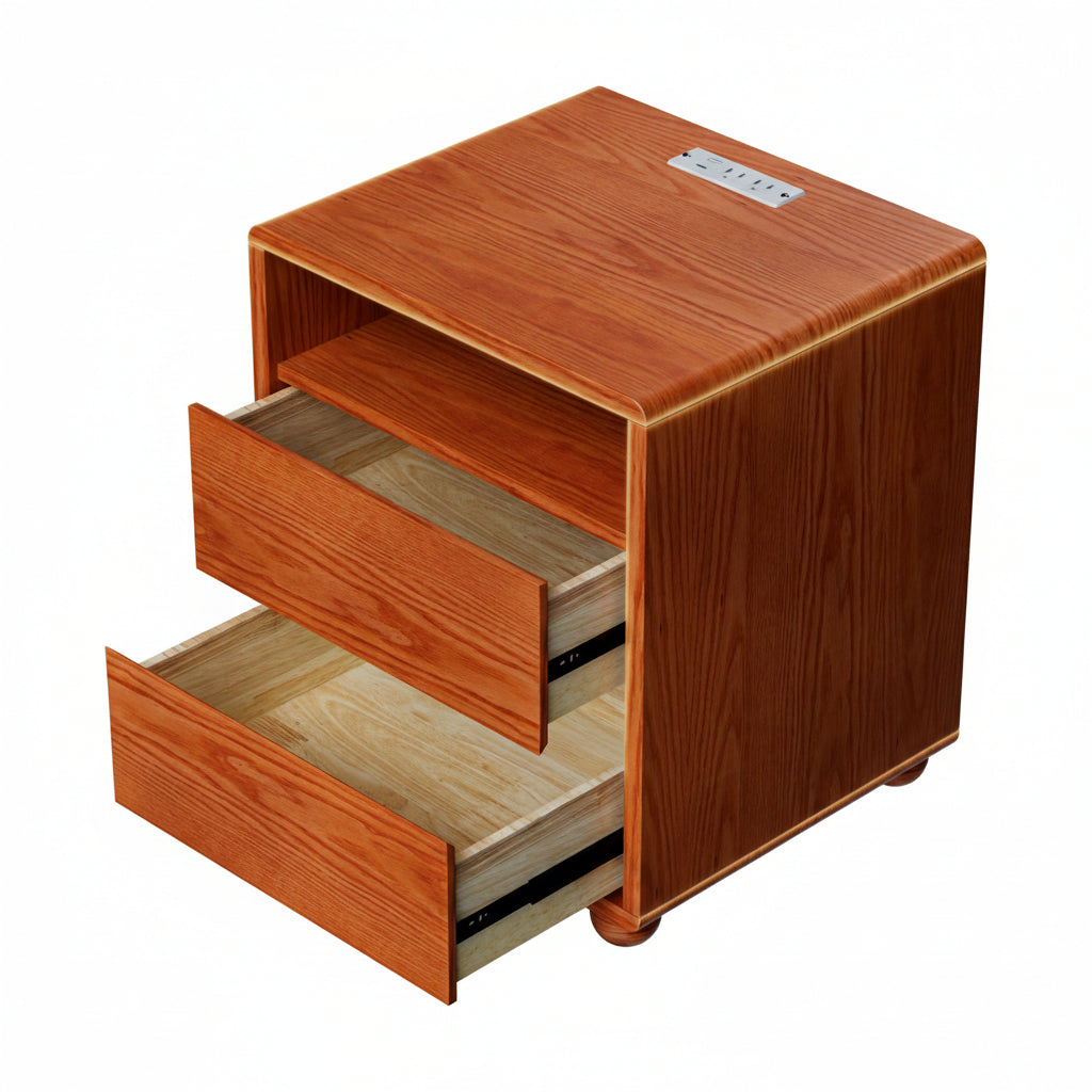 Solid Wood Curved Nightstand with Charging Station, Walnut