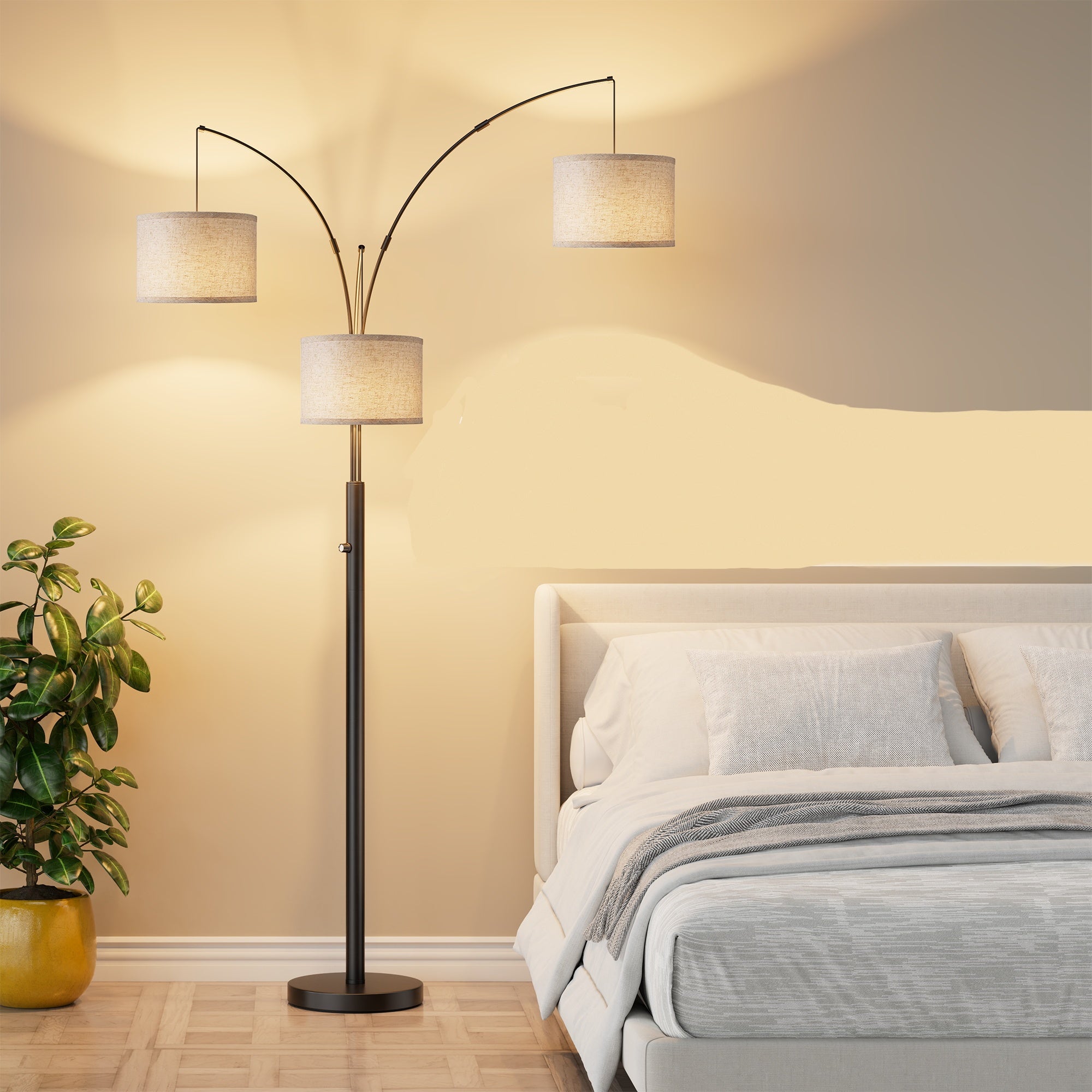 Dimmable Three-Head LED Floor Lamp, 3 Color Temperatures, Metal, Black Finish