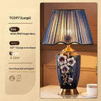 Enamel Ceramic Table Lamp, Floral Relief, Pleated Shade