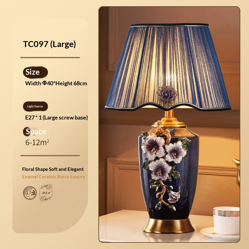 Enamel Ceramic Table Lamp, Floral Relief, Pleated Shade