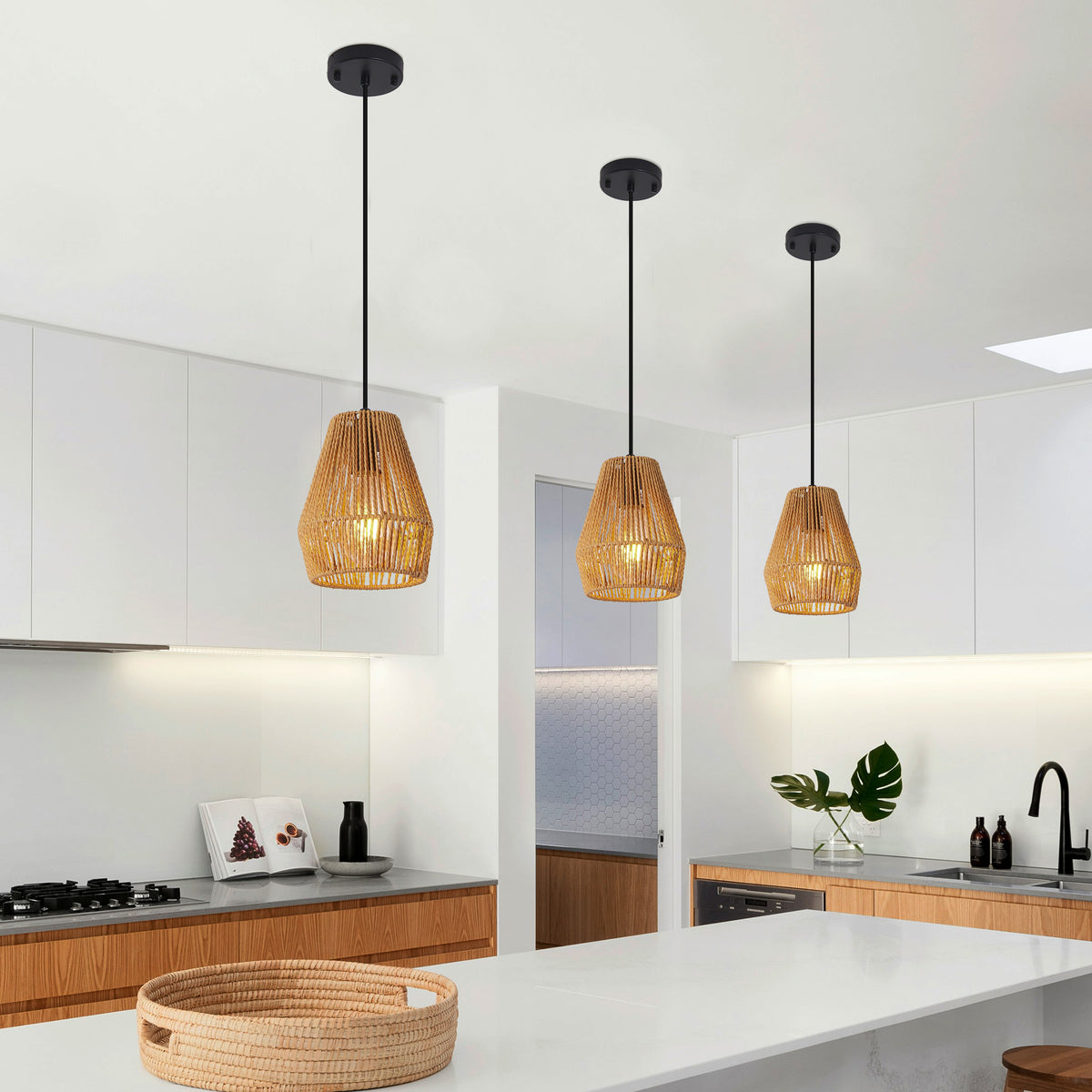 Rustic Handcrafted Hemp Rope Pendant Light, Farmhouse Style, 7 in., Set of 3 — detail view 2