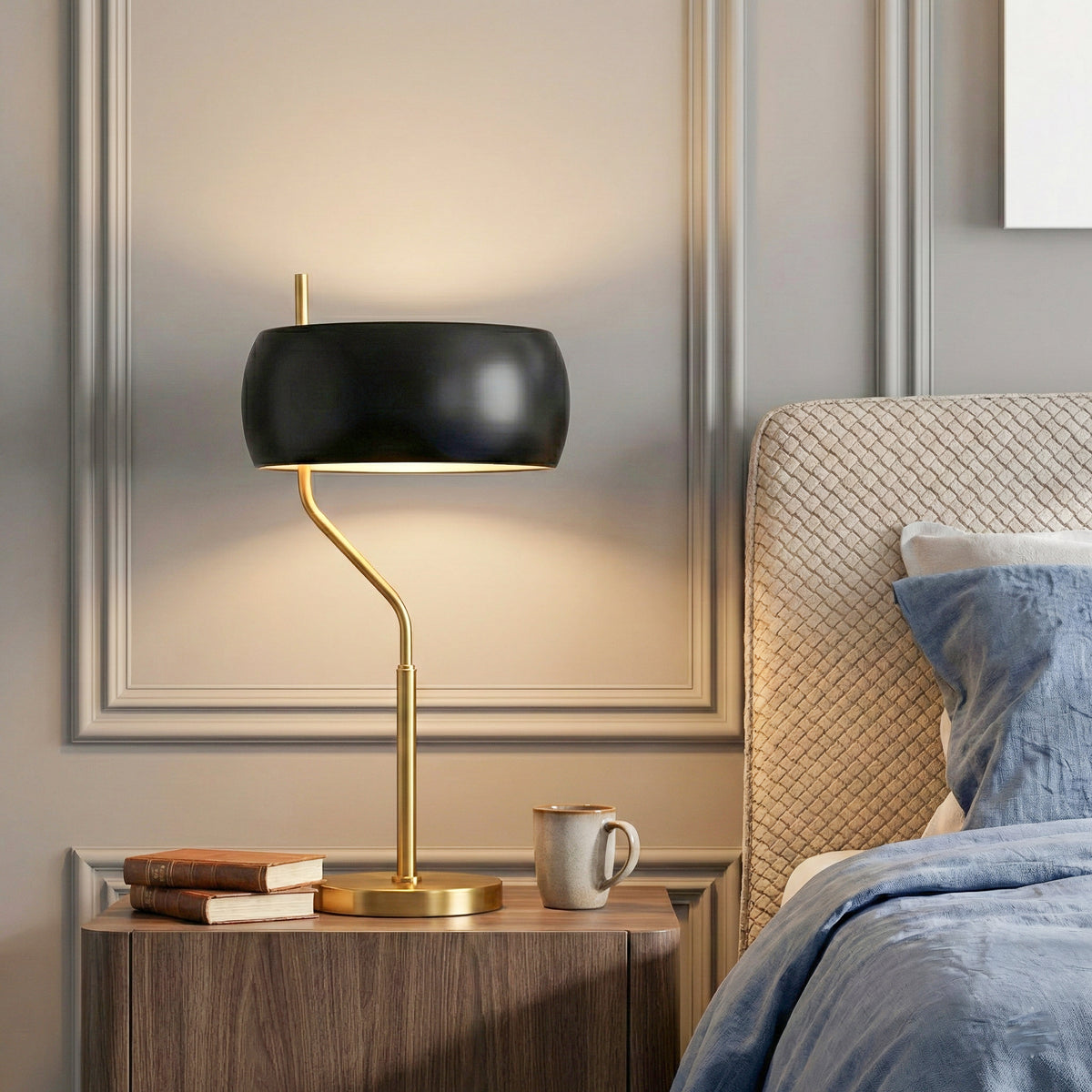 Small Minimalist Wooden Dimmable Table Lamp, Gold Accent — detail view