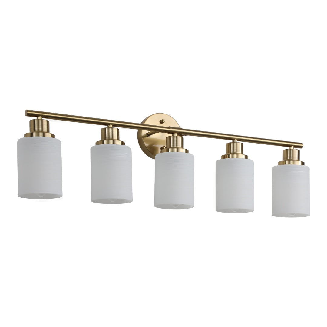 Modern 5-Light Vanity Wall Sconce, Frosted Glass Shades, Gold Finish, 31 in., for Bathroom — detail view
