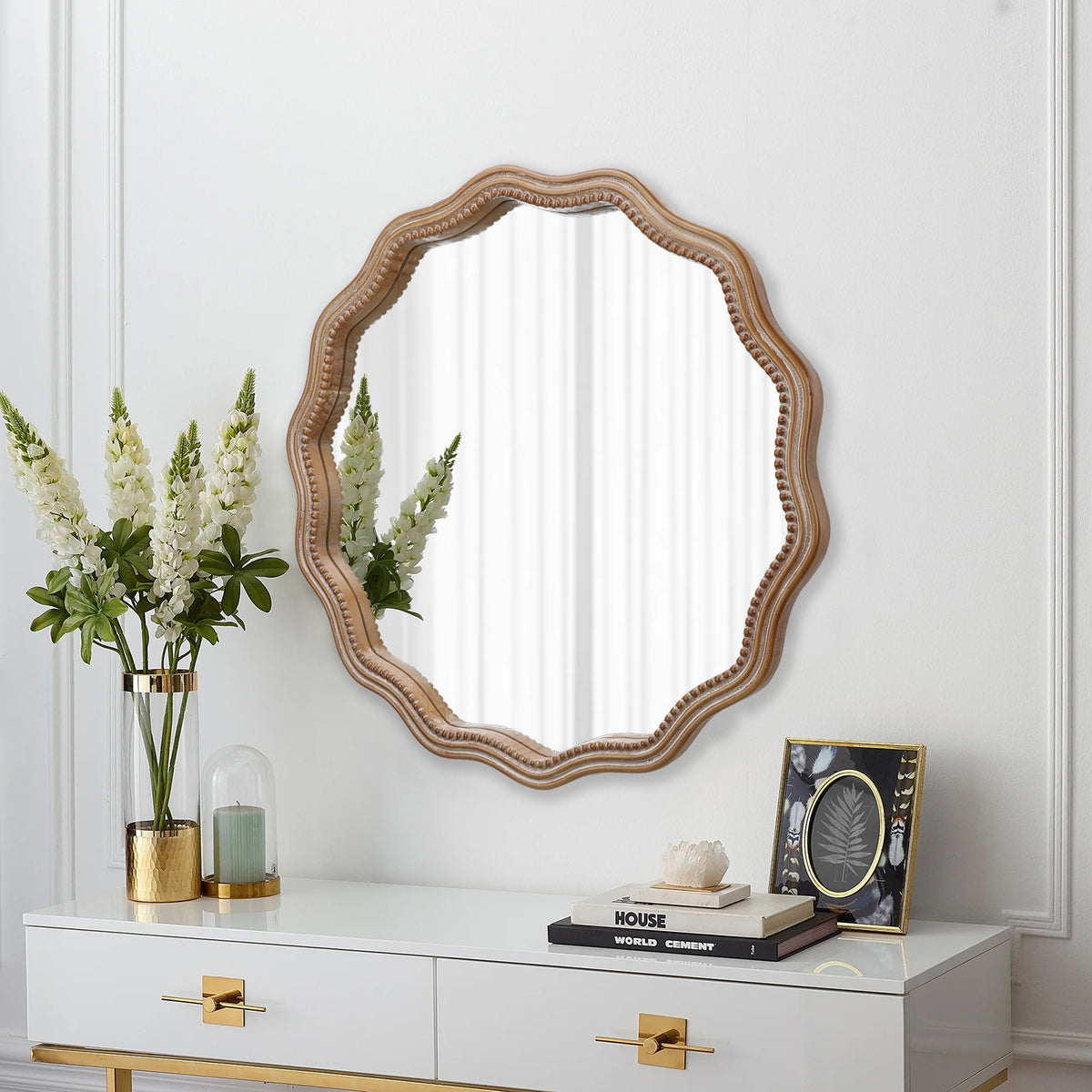 Wood Round Wavy Scalloped Wall Mirror, Decorative Vanity Mirror, Antique Natural, 23.6 in. for Bathroom — detail view