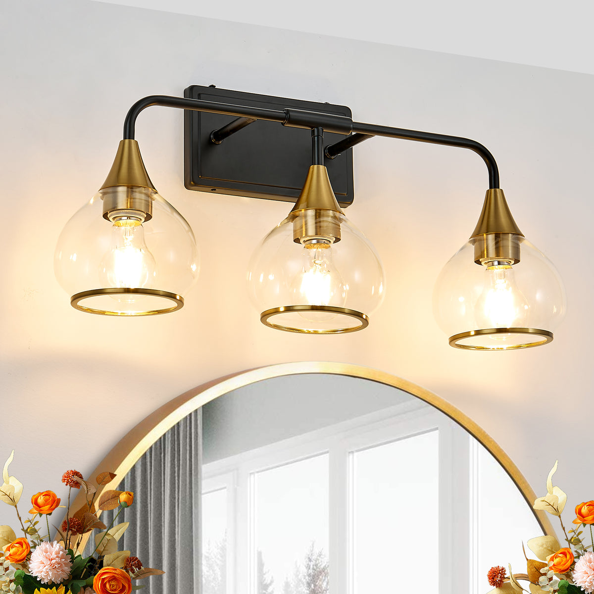 Modern 3-Light Vanity Wall Sconce, Clear Glass Shades, Black and Gold, 23 in., for Bathroom — detail view