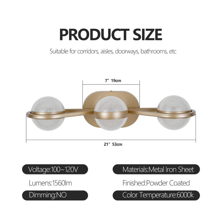 Dimension diagram for Modern Minimalist 3-Light Bathroom Vanity Light, Brushed Gold Bar, for Bathroom Mirror