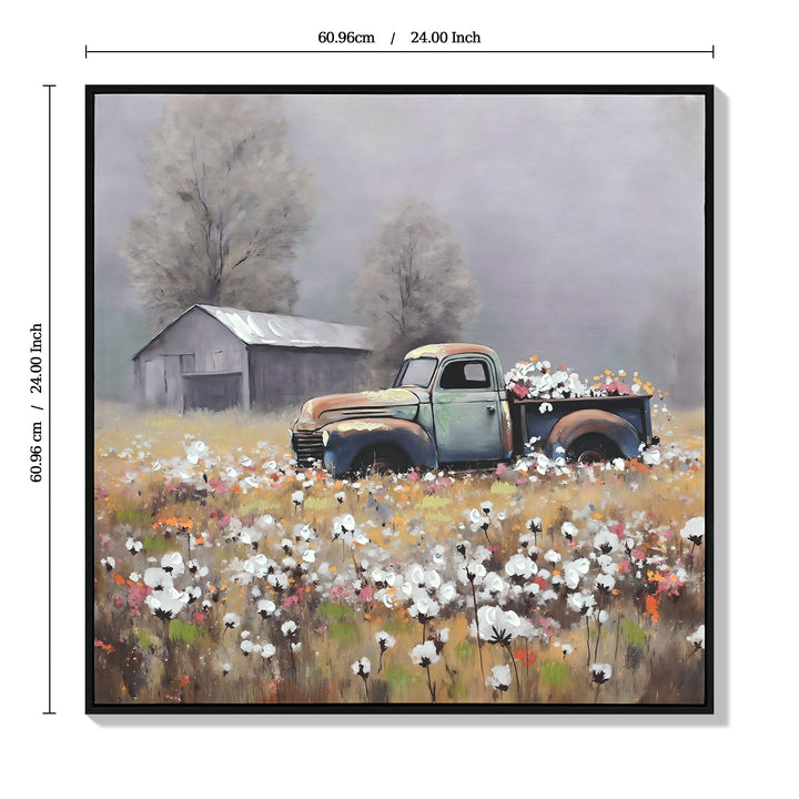 Dimension diagram for Farmhouse Vintage Truck Canvas Wall Art, Country Barn Print, White, for Living Room