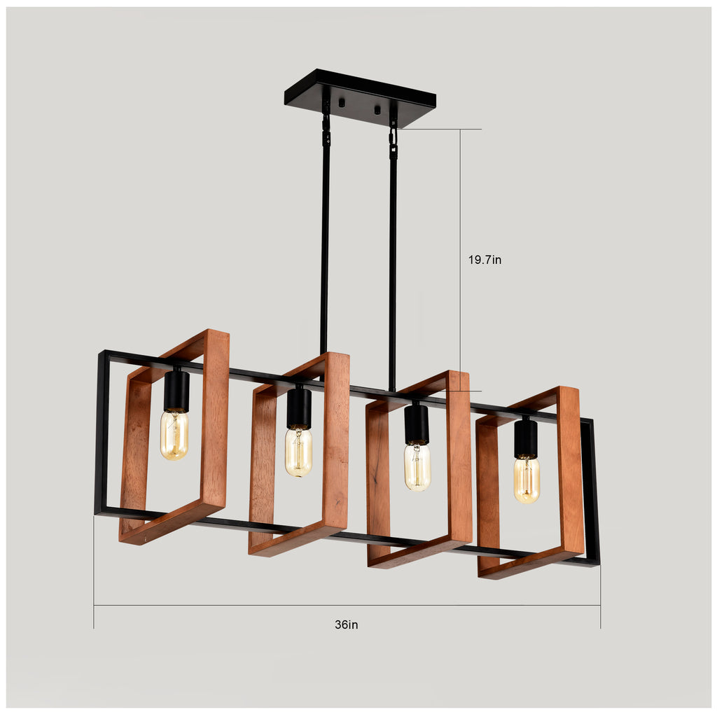 Rustic Wood & Black 4-Light Farmhouse Pendant Light, Kitchen Island Fixture