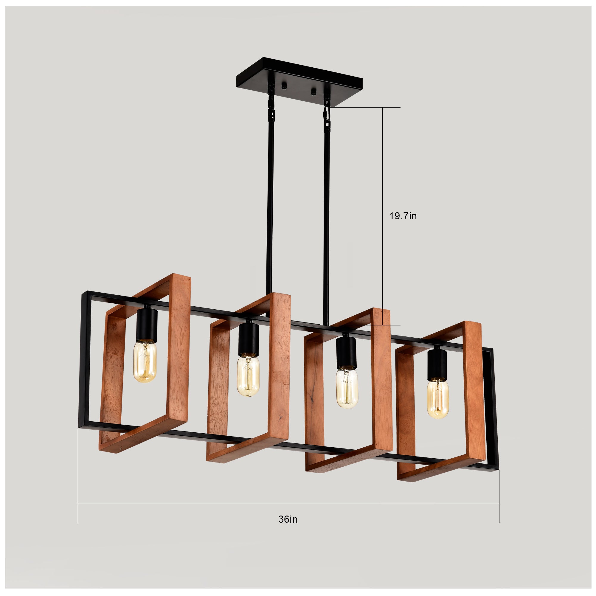 Rustic Wood & Black 4-Light Farmhouse Pendant Light, Kitchen Island Fixture