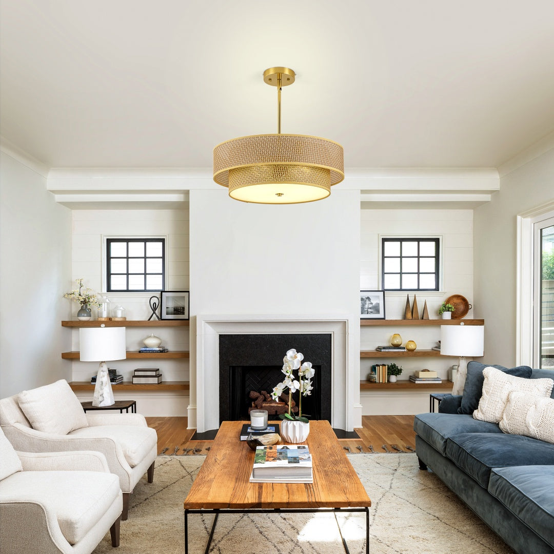 Boho Woven Rattan and Linen Drum Shade Semi-Flush Ceiling Light, 17.7 in. — detail view 3