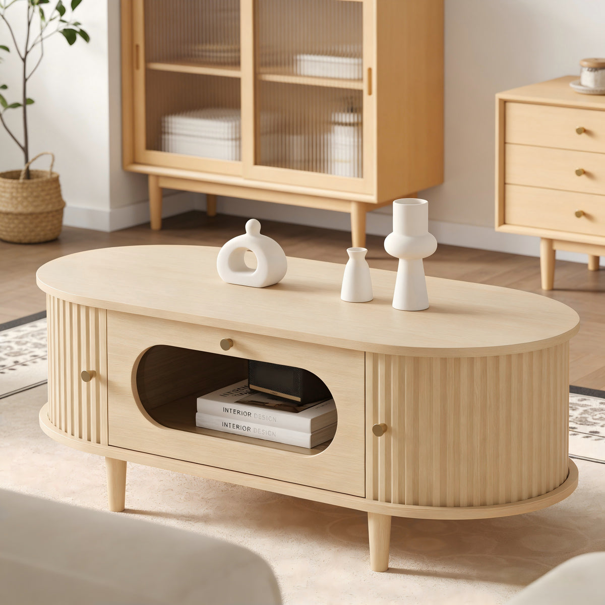 Wood Coffee Table with Drawer and Roller Door, 39 in