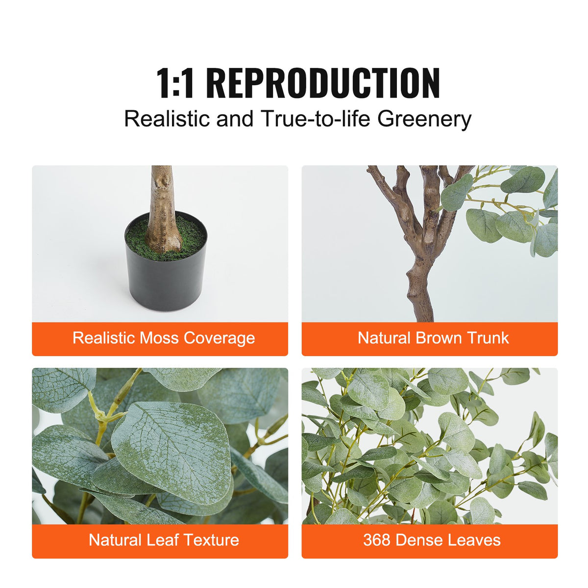 Artificial Eucalyptus Tree, Faux PE Potted Plant, Green, for Living Room Corner — detail view