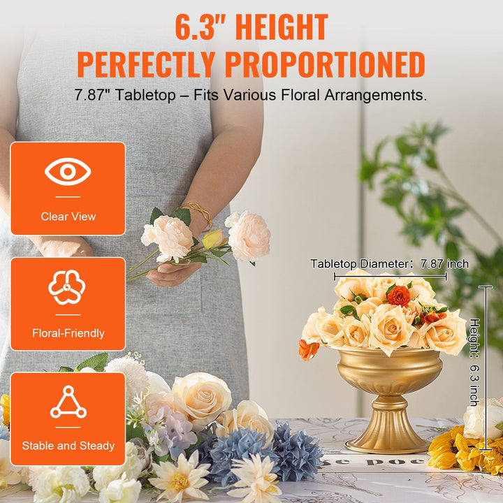 Dimension diagram for Gold Metal Wedding Flower Vase, Vintage Floral Stand, 6.3 in, Set of 10 for Table Centerpiece