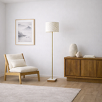 Minimalist Marble-Base Floor Lamp, Slim Silhouette, Neutral Fabric Shade, Gold Finish