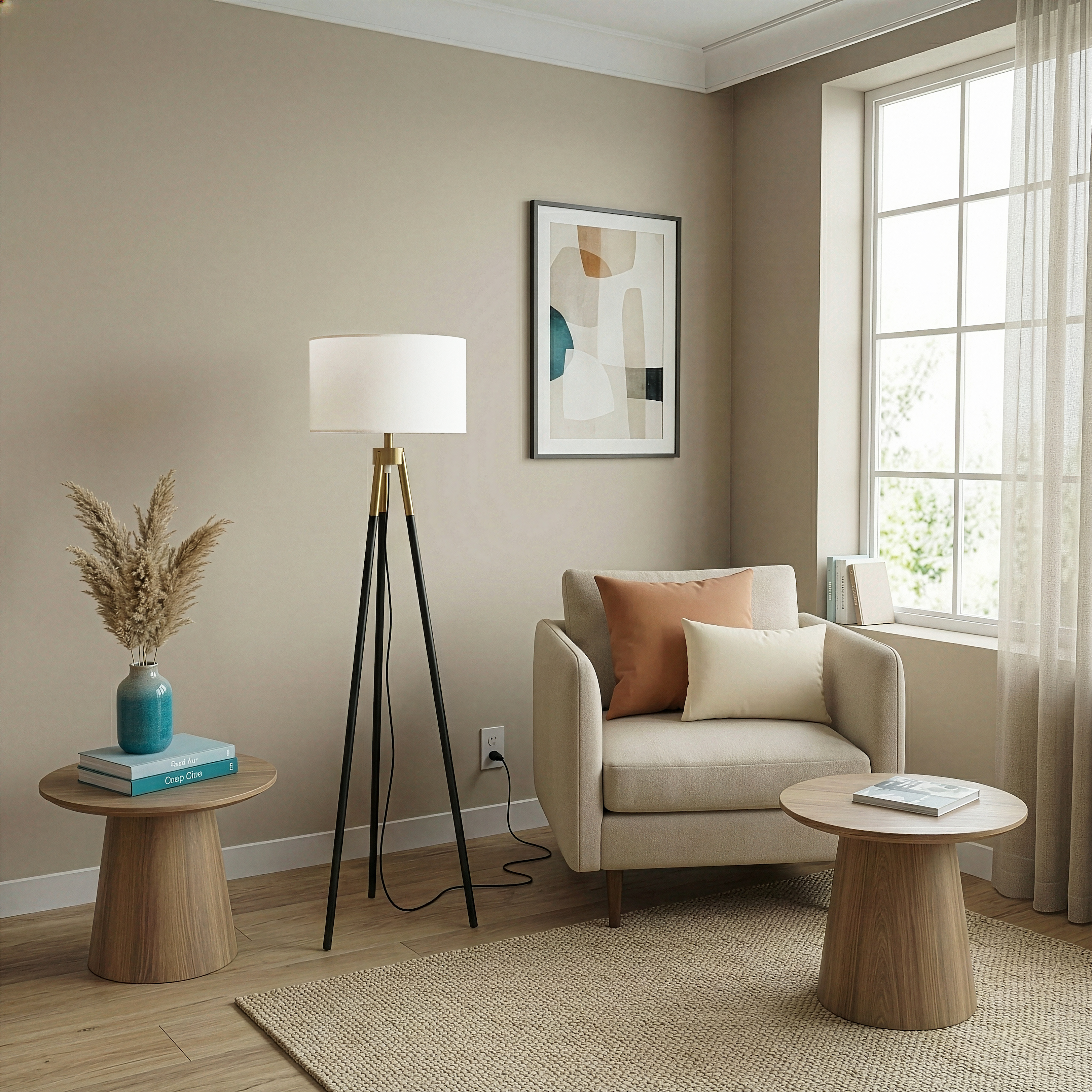 Brass Gold Tripod Floor Lamp, Triple Legs, White Fabric Shade, Black & Gold Finish