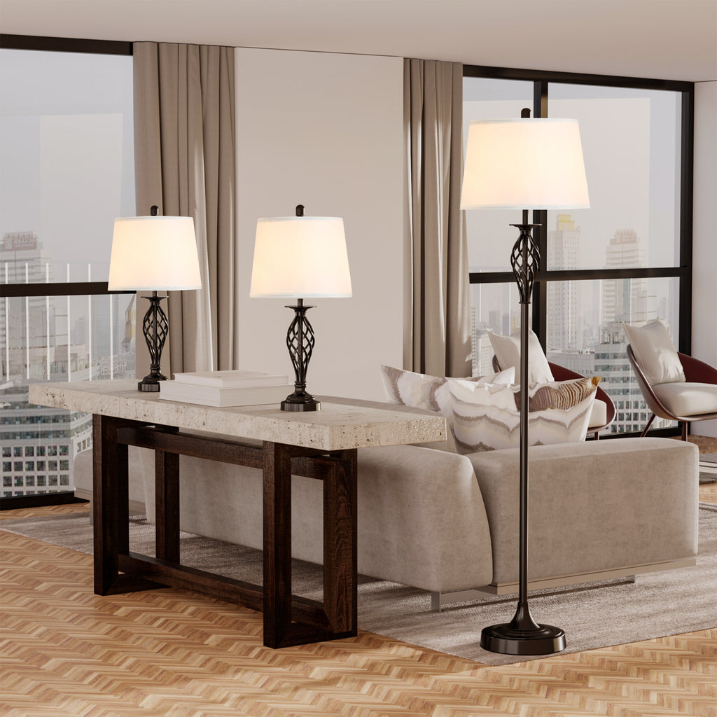 Vintage Metal Table & Floor Lamp Set, White Fabric Shade, Set of 3