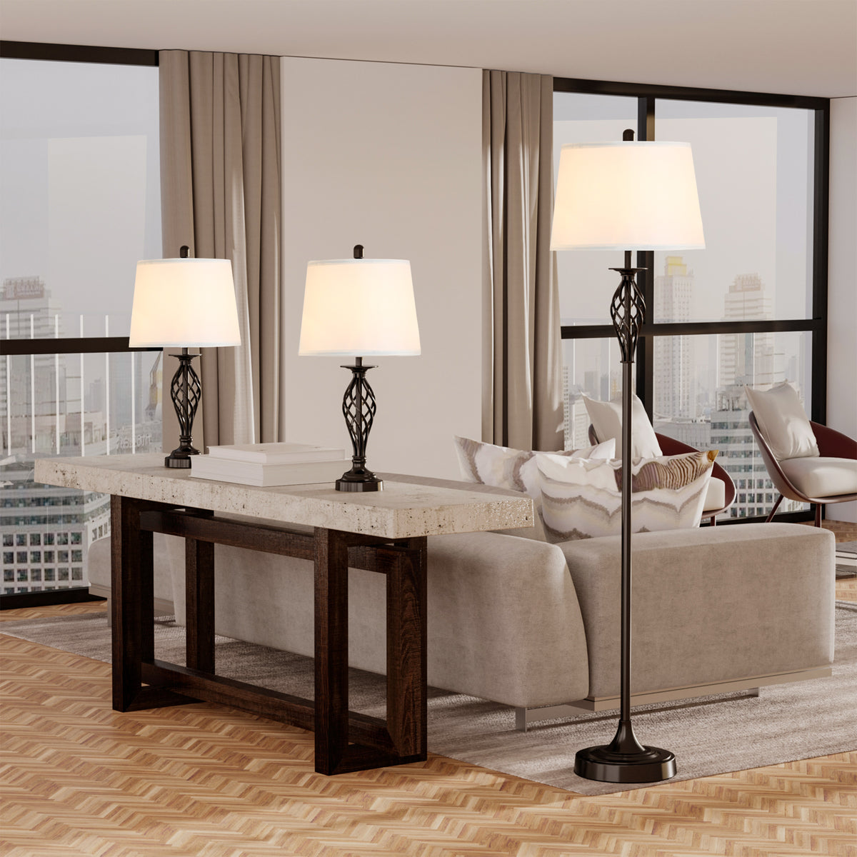 Vintage Metal Table & Floor Lamp Set, White Fabric Shade, Set of 3 — detail view