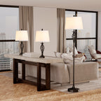 Vintage Metal Table & Floor Lamp Set, White Fabric Shade, Set of 3