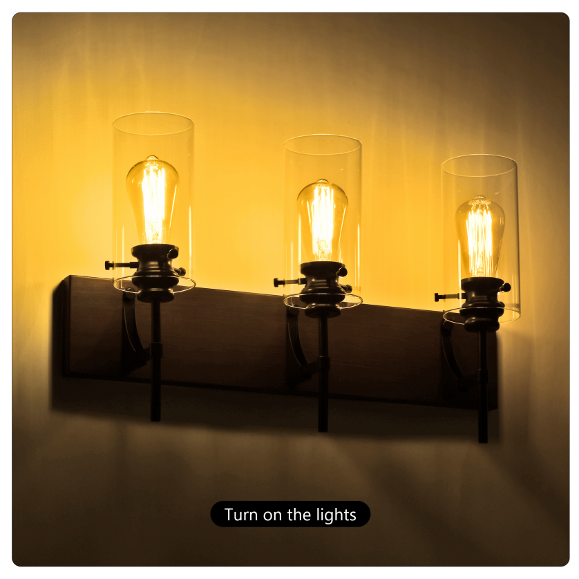 Matte Black & Wood 3-Light Bathroom Vanity Light, Modern Wall Sconce Fixture