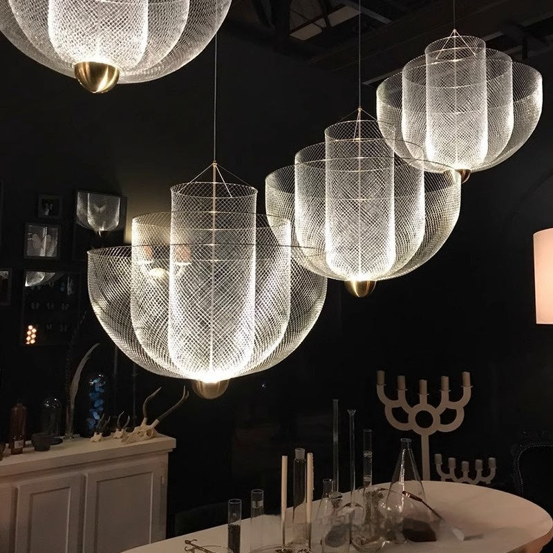 Iron Mesh Pendant Light, Sculptural Shadow-Play Shade, 18 in
