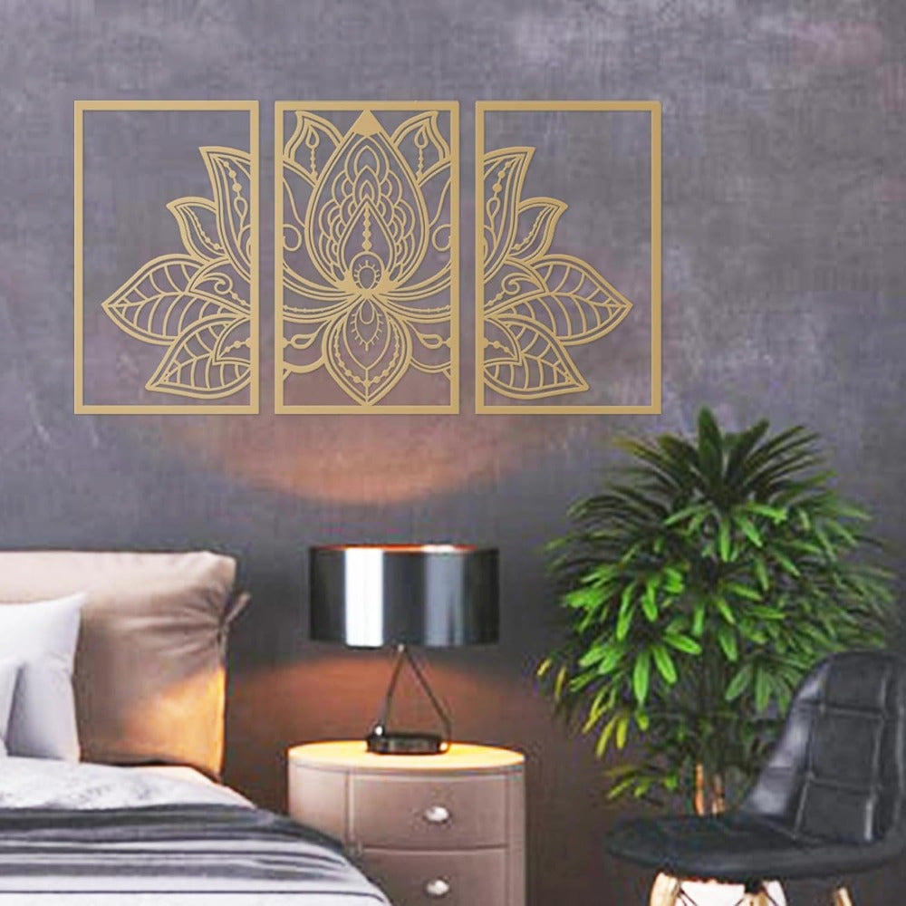 Handmade Metal Golden Lotus Mandala Wall Art - Boho Zen Decor For Livi