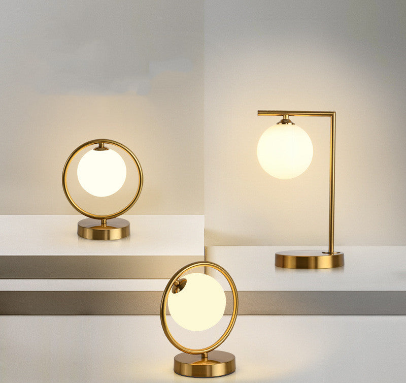Brass Ring Table Lamp with Opal Glass Globe, Touch Switch