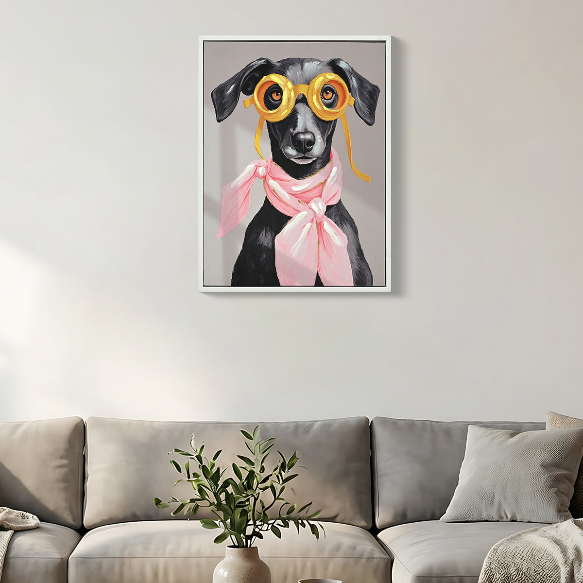 Contemporary Puppy Canvas Wall Art, Graphic Print, Pink and Black, for Living Room — detail view 2
