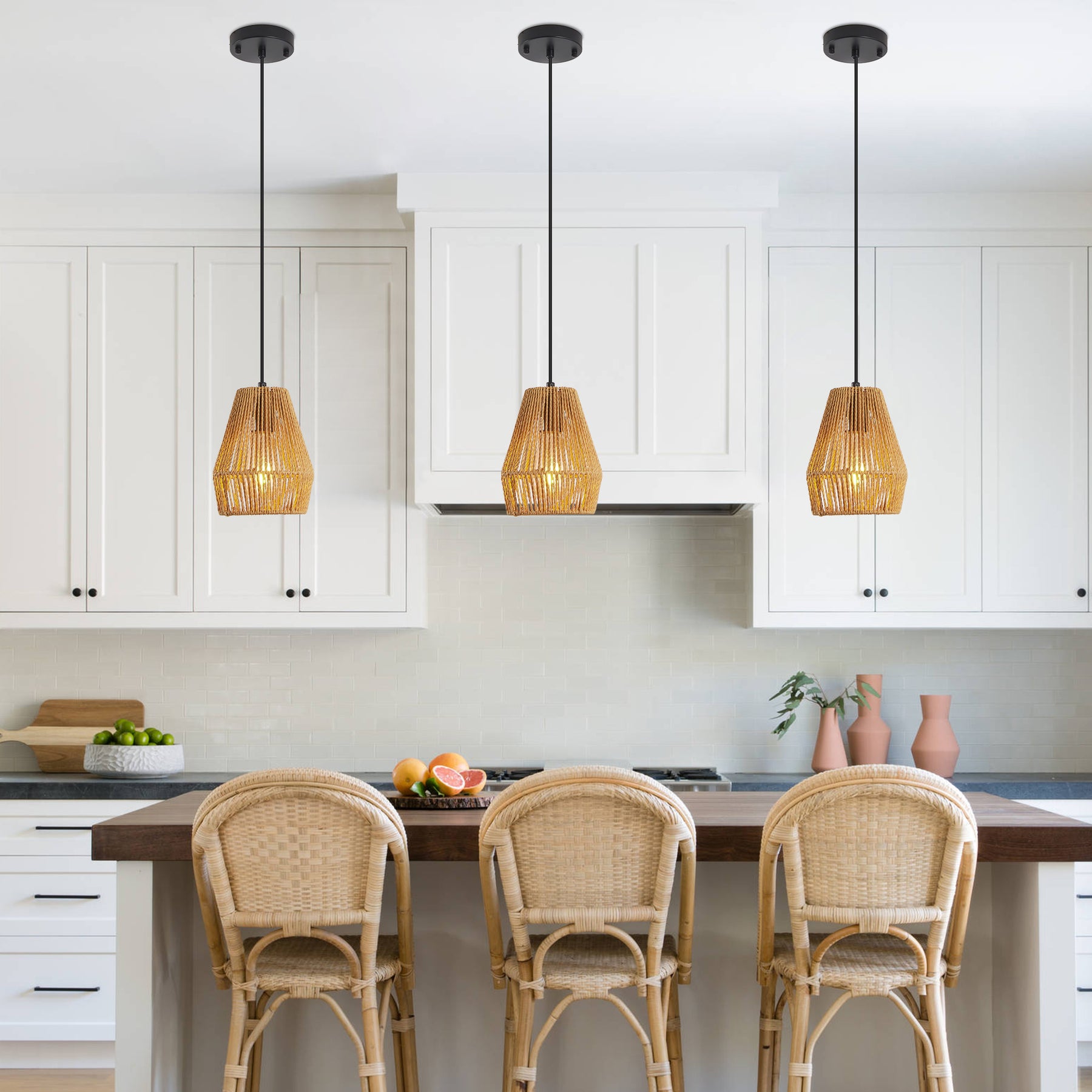 Rustic Handcrafted Hemp Rope Pendant Light, Farmhouse Style, 7 in., Set of 3 — detail view