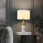 White Marble and Brass Table Lamp, White Drum Shade, 22 Inch