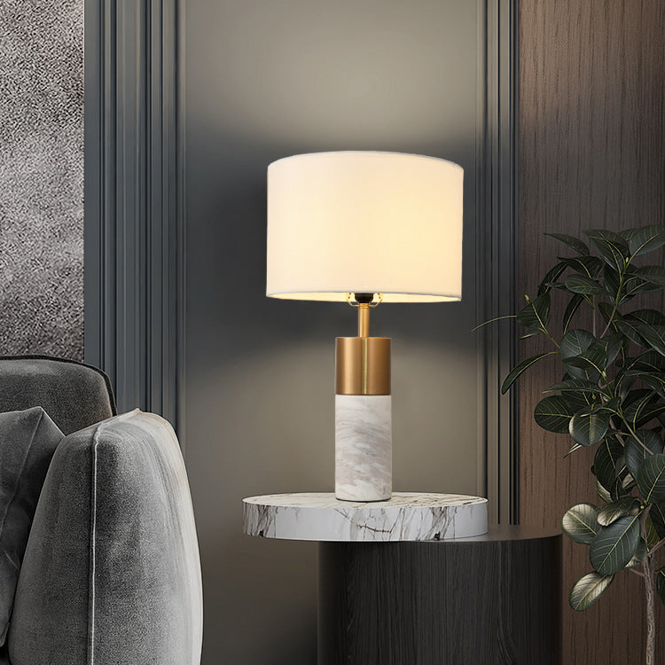 White Marble and Brass Table Lamp, White Drum Shade, 22 Inch