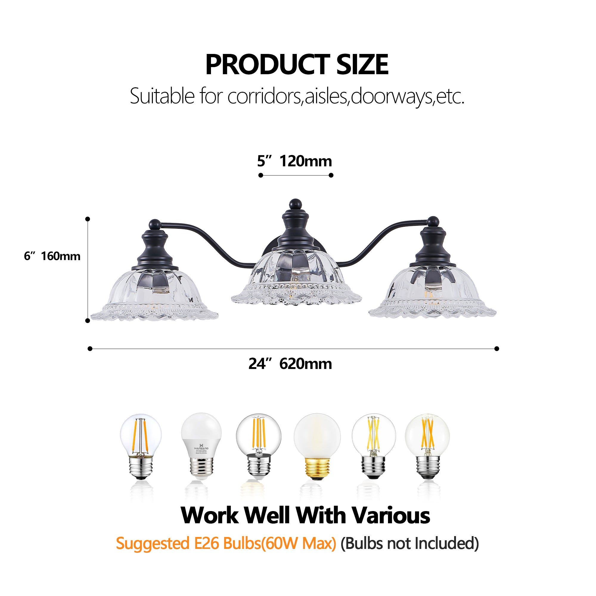24 Inch 3-Light Vintage Bathroom Wall Sconce Elegant Black Metal And G