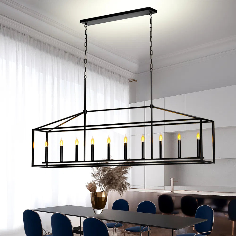 Farmhouse Rectangular 10-Light Linear Chandelier, Matte Black Finish