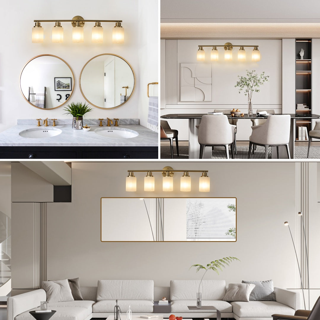 Modern 5-Light Vanity Wall Sconce, Frosted Glass Shades, Gold Finish, 31 in., for Bathroom — detail view 3