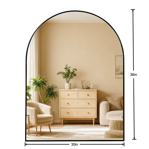 30x36 Inch Black Metal Framed Arched Bathrrom Mirror For Wall.