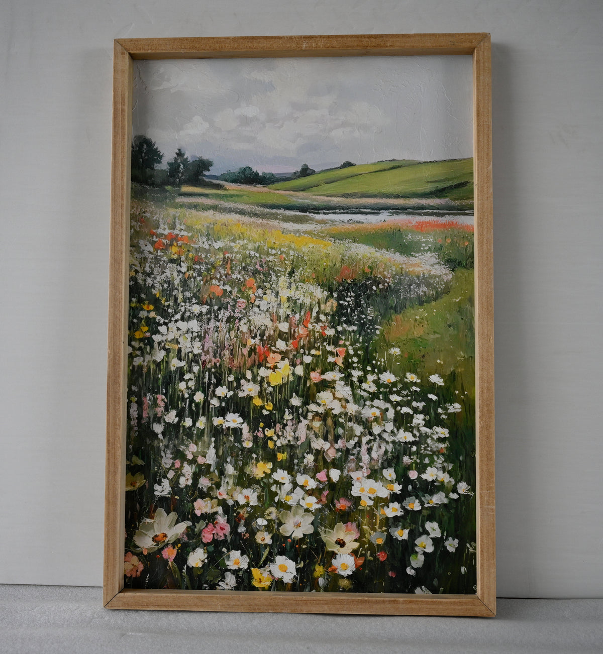 Vintage Framed Canvas Wall Art, Wildflower Meadow Landscape Print, Green and Ivory, for Dining Room — detail view 3