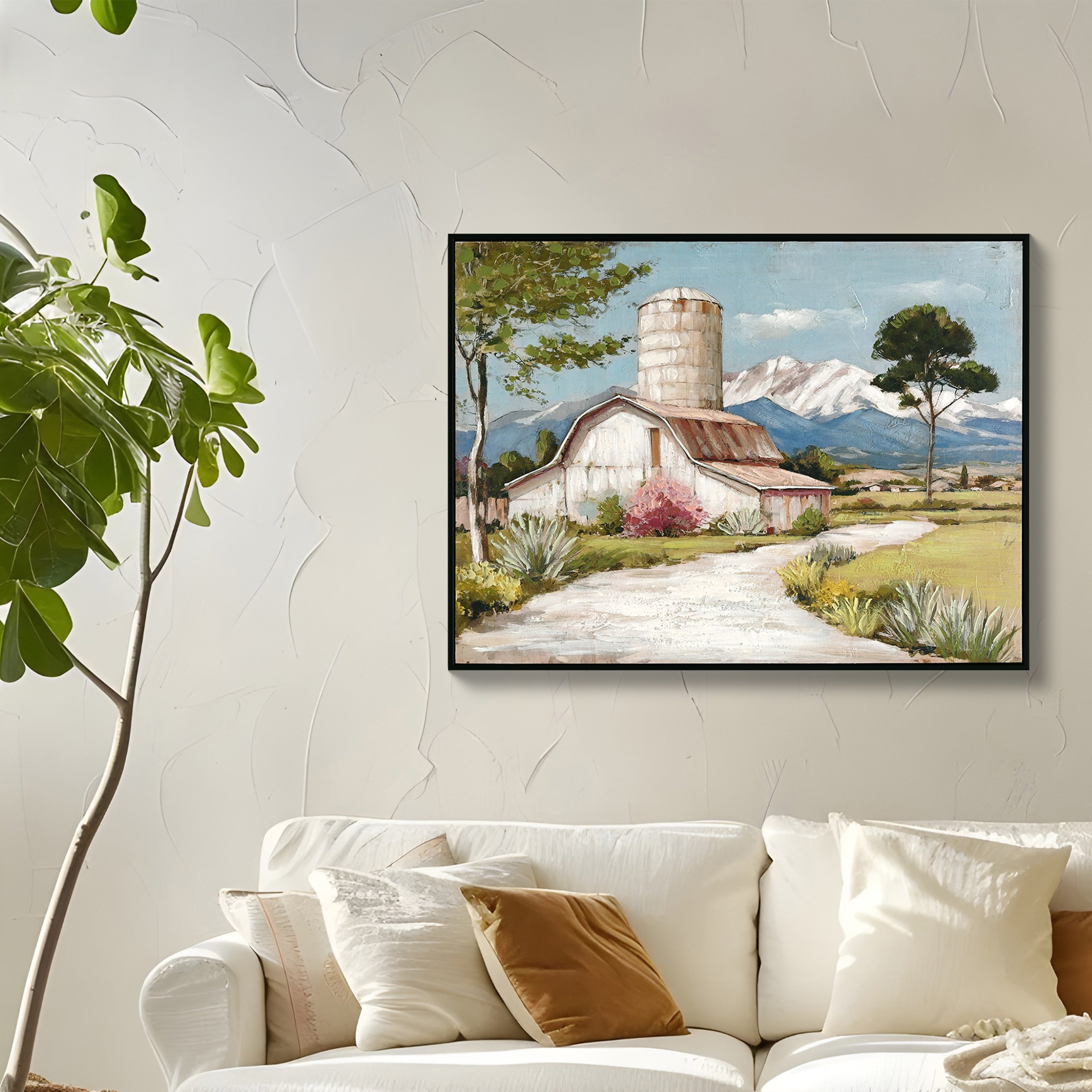 Framed Rustic Farmhouse Canvas Wall Art Beautiful Field Painting Wildf