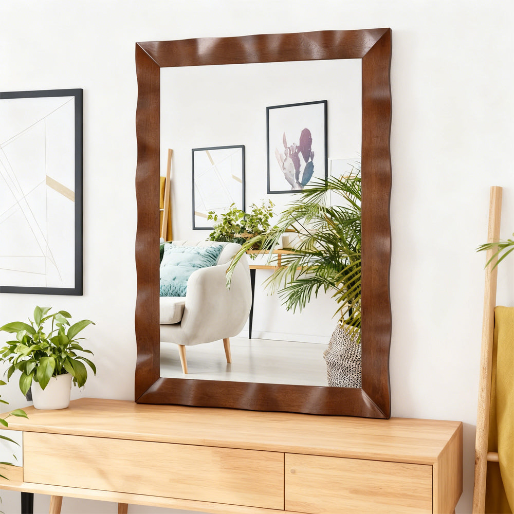 Farmhouse Solid Wood-Framed Wall Mirror, Rustic Rectangular Vanity Mirror, 41.5 x 28 in. for Bathroom — Brown