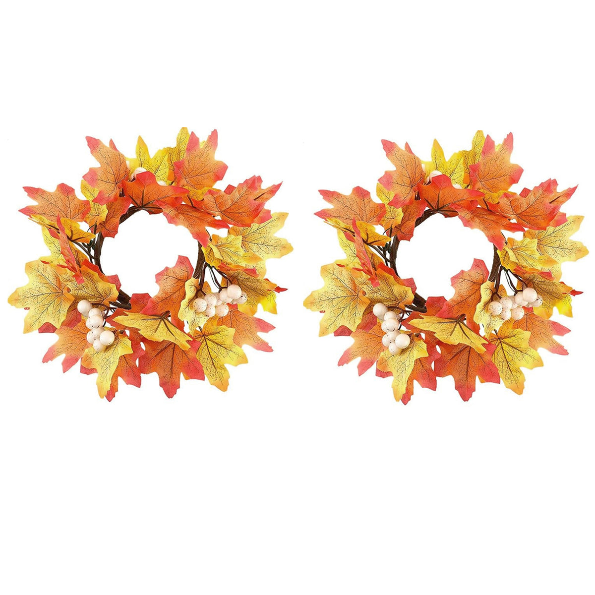 Rustic Rattan Fall Candle Rings, Autumn Wreath Candlestick Decor, 9.8 in., Set of 2 for Dining Table — detail view