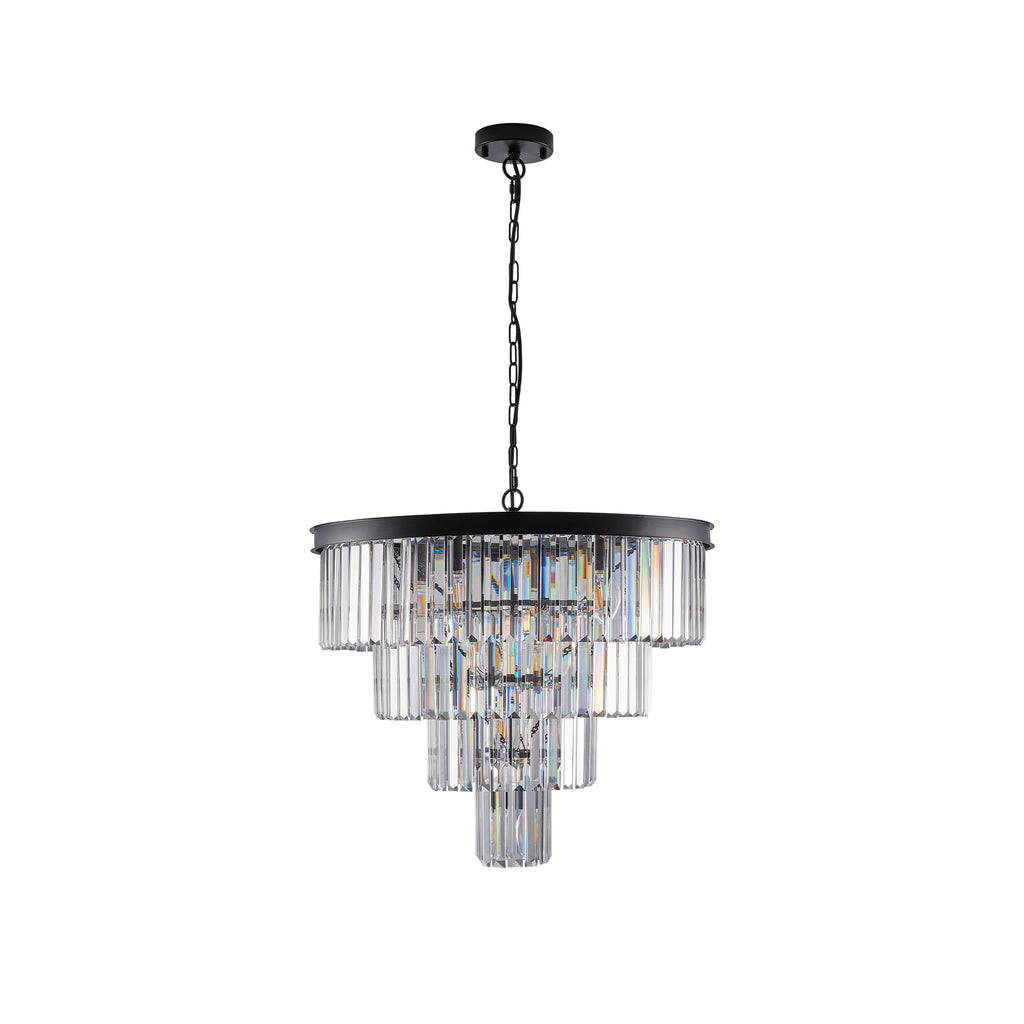 4-Tier K9 Crystal Chandelier, Black Iron Frame, 24 In. Wide