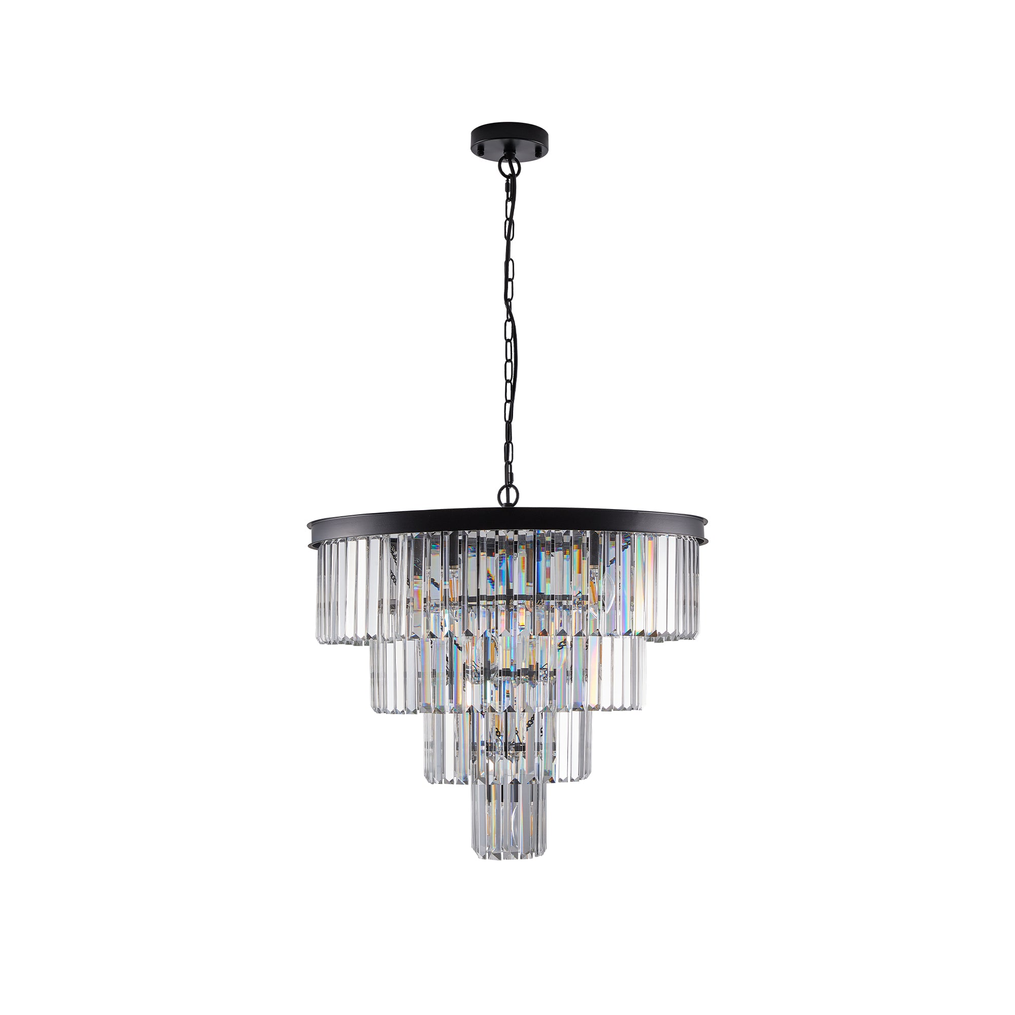 4-Tier K9 Crystal Chandelier, Black Iron Frame, 24 In. Wide