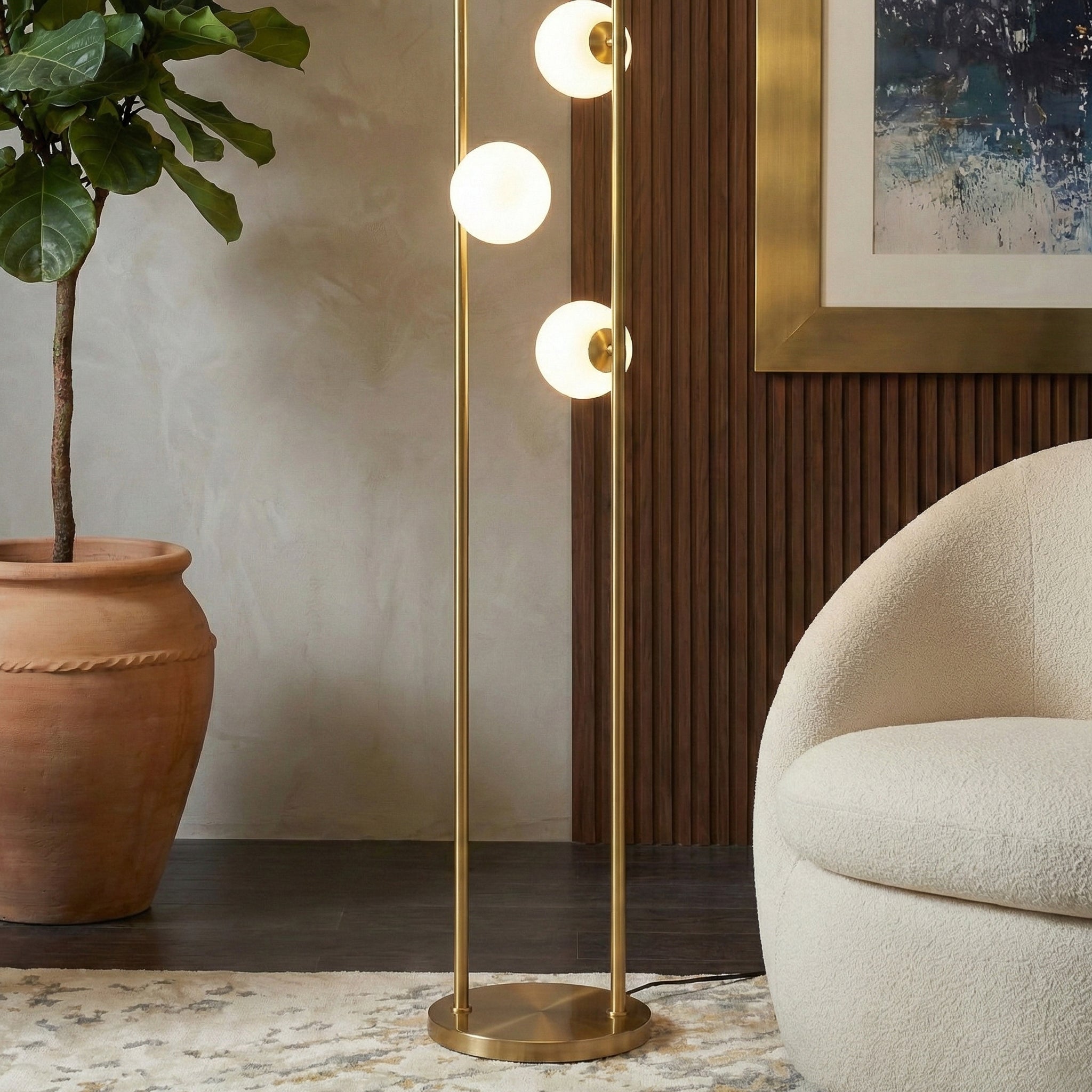 Modern Tall Corner Floor Lamp, White Drum Shade, Gold & White Finish