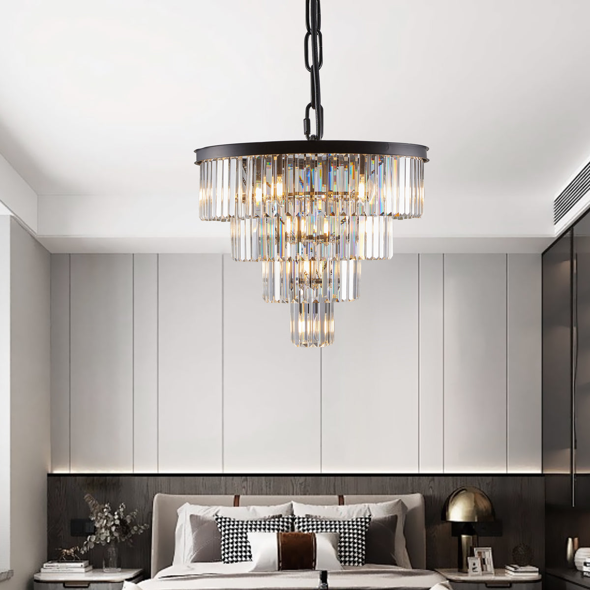 4-Tier K9 Crystal Chandelier, Black Iron Frame, 24 In. Wide