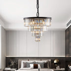 4-Tier K9 Crystal Chandelier, Black Iron Frame, 24 In. Wide