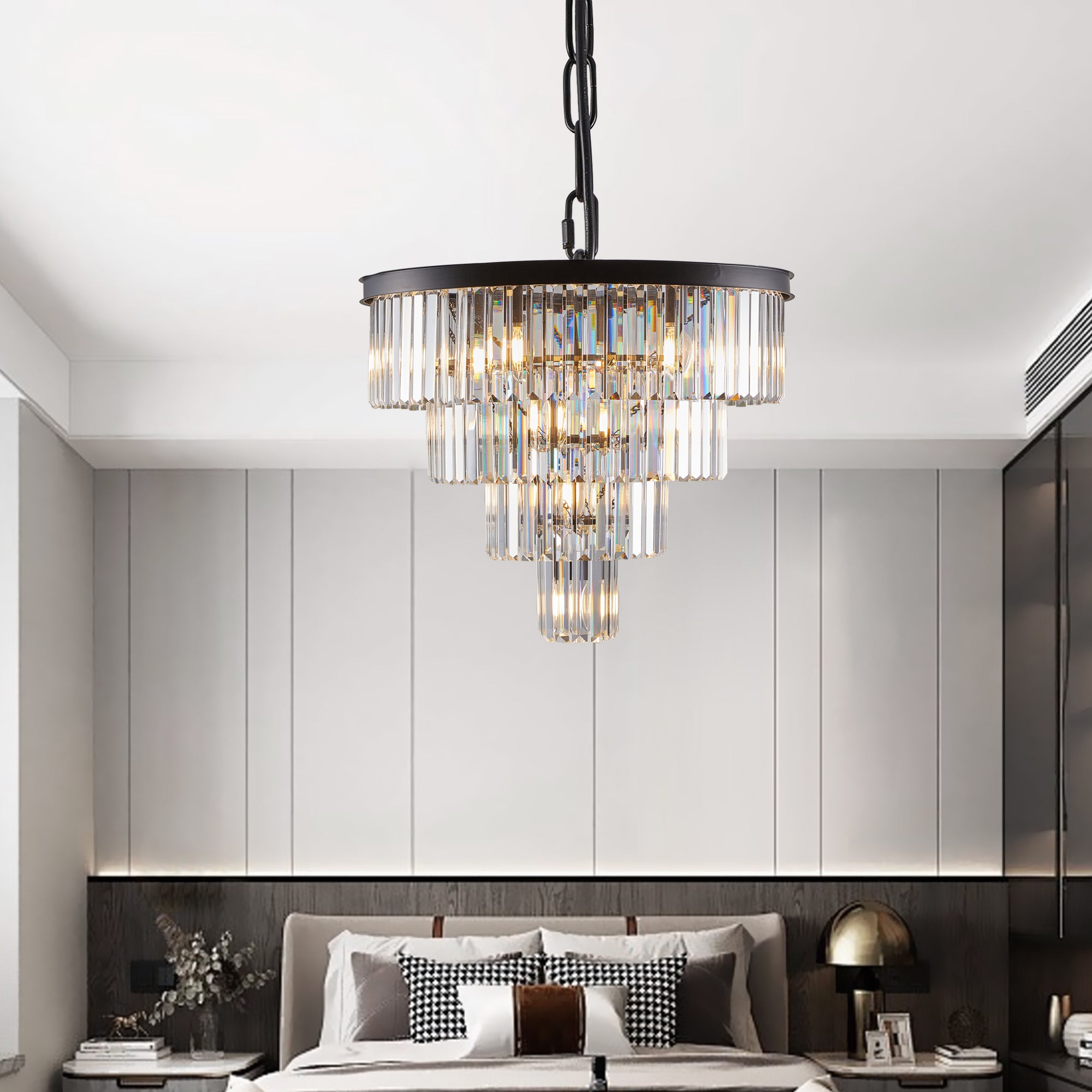4-Tier K9 Crystal Chandelier, Black Iron Frame, 24 In. Wide