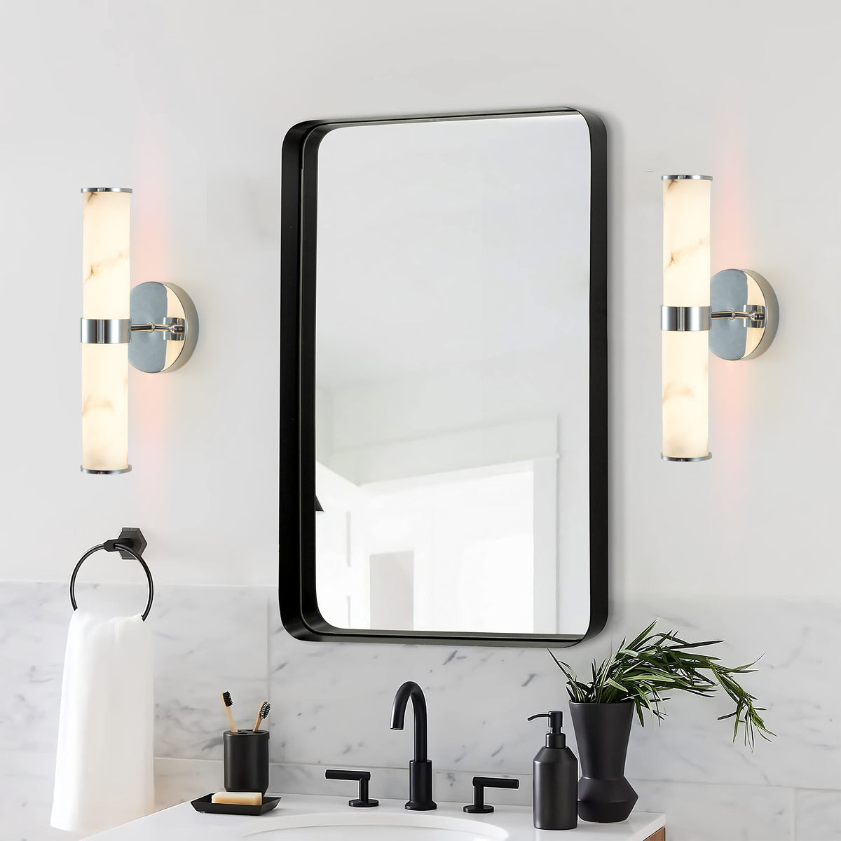 Modern Faux Marble Wall Sconce, Chrome Accents, Vertical Fixture, Set of 2 for Bathroom — detail view