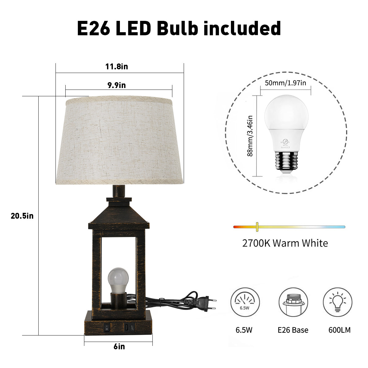 20.5in Black Gold Farmhouse Bedside Table Lamp
