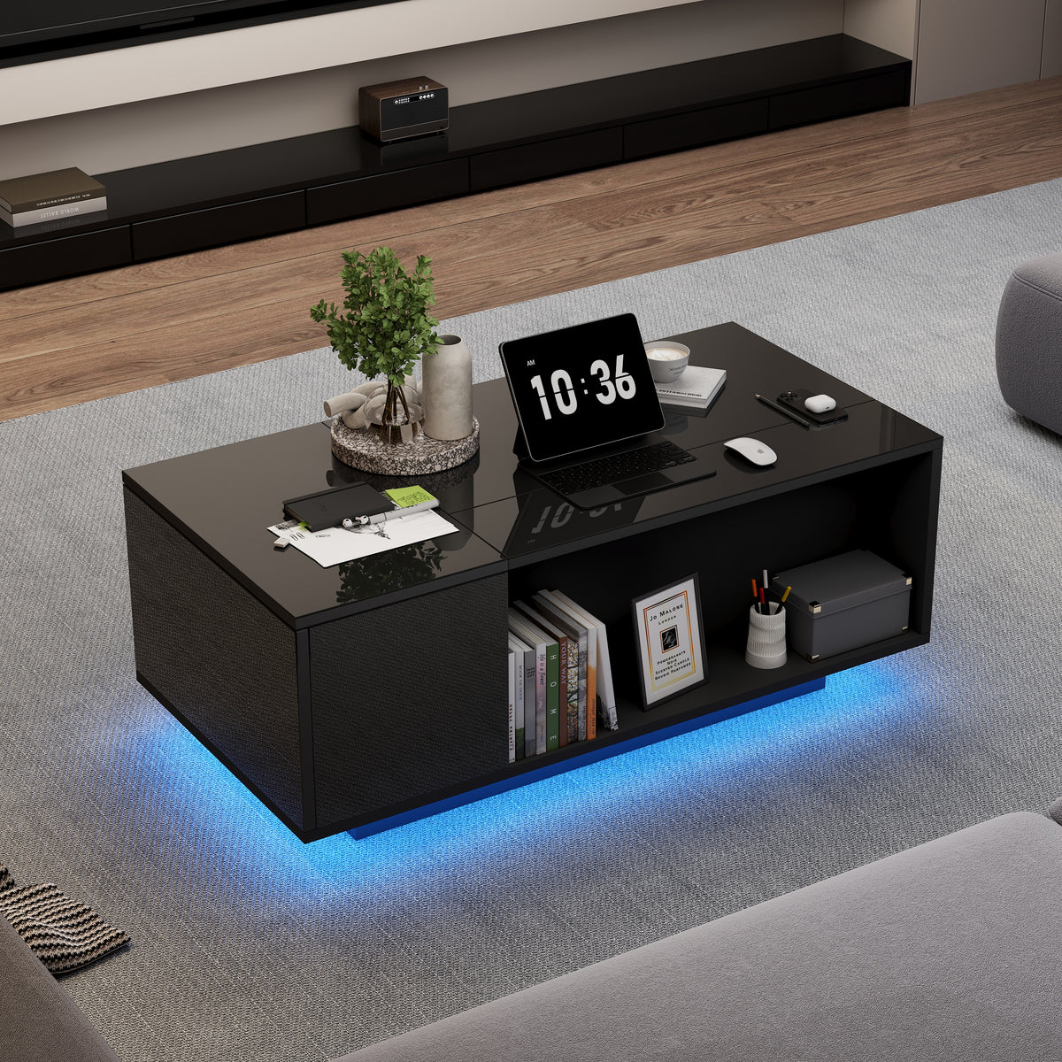 Height-Adjustable Coffee Table with Hidden Storage, Matte Black