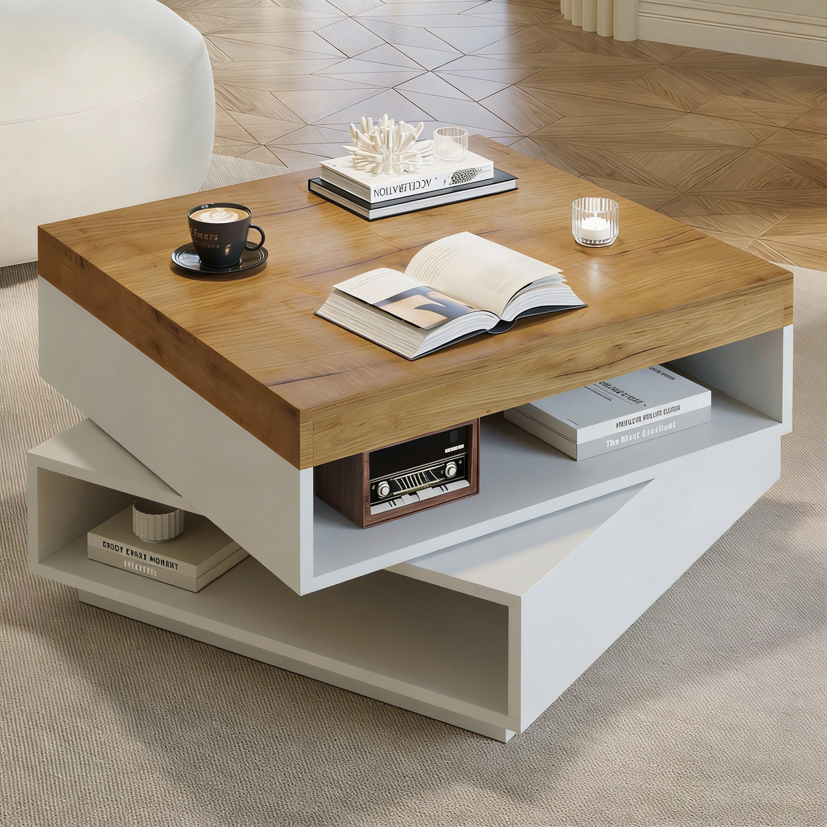 Square Swivel LED Coffee Table with Storage, White and Wood