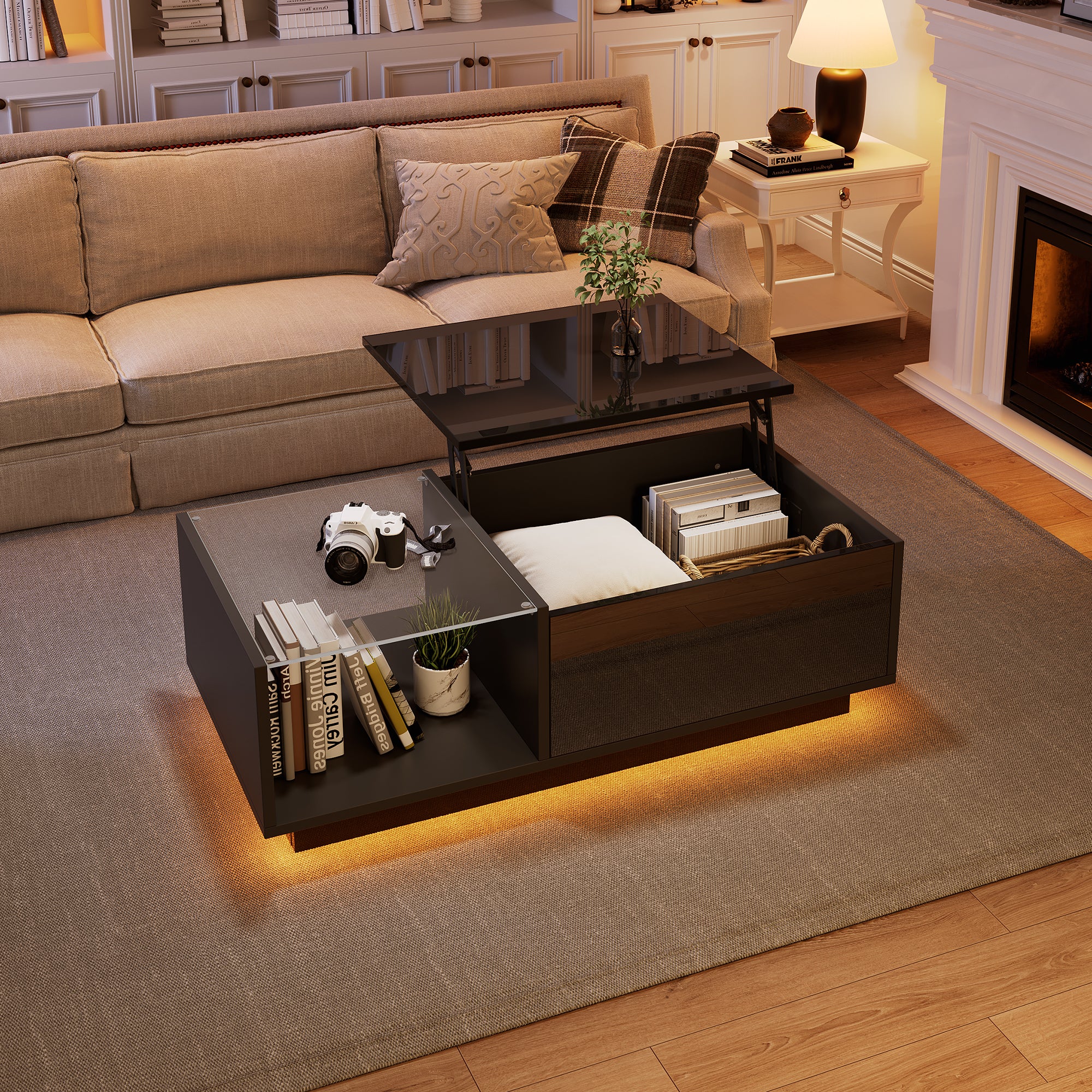 Height-Adjustable LED Coffee Table with Hidden Storage
